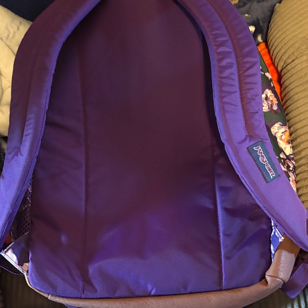 Jansport Purple Floral Print Backpack with Brown Suede Base - Picture 7 of 9